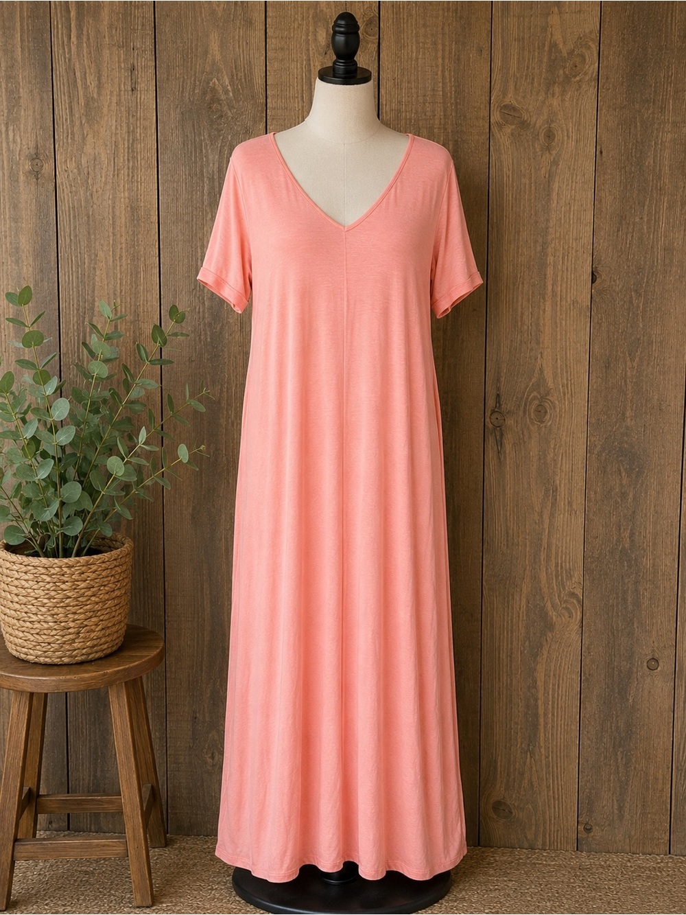 Zenana Outfitters Coral V-Neck Short Sleeve Maxi Dress